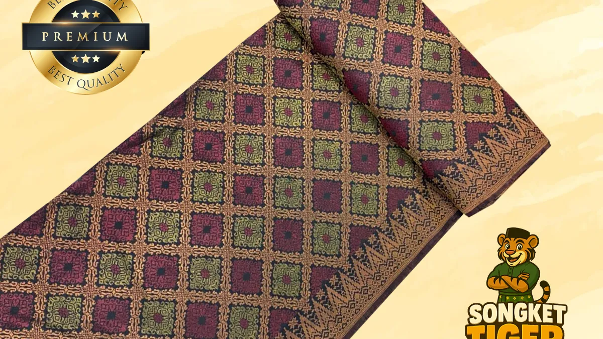 Modern songket fabric with minimalist gold pattern on a lighter background
