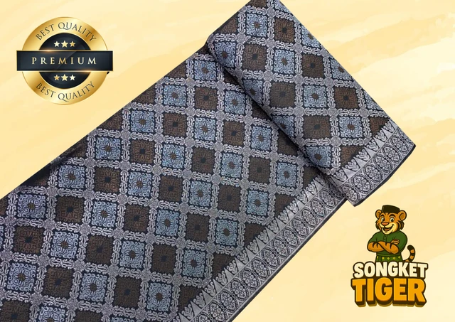 Songket Tenun Penuh premium fabric design 8 by SongketTiger, rolled to show its full diamond-motif weave.
