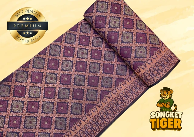 Songket Tenun Penuh premium fabric design 10 by SongketTiger, rolled to show its full diamond-motif weave.