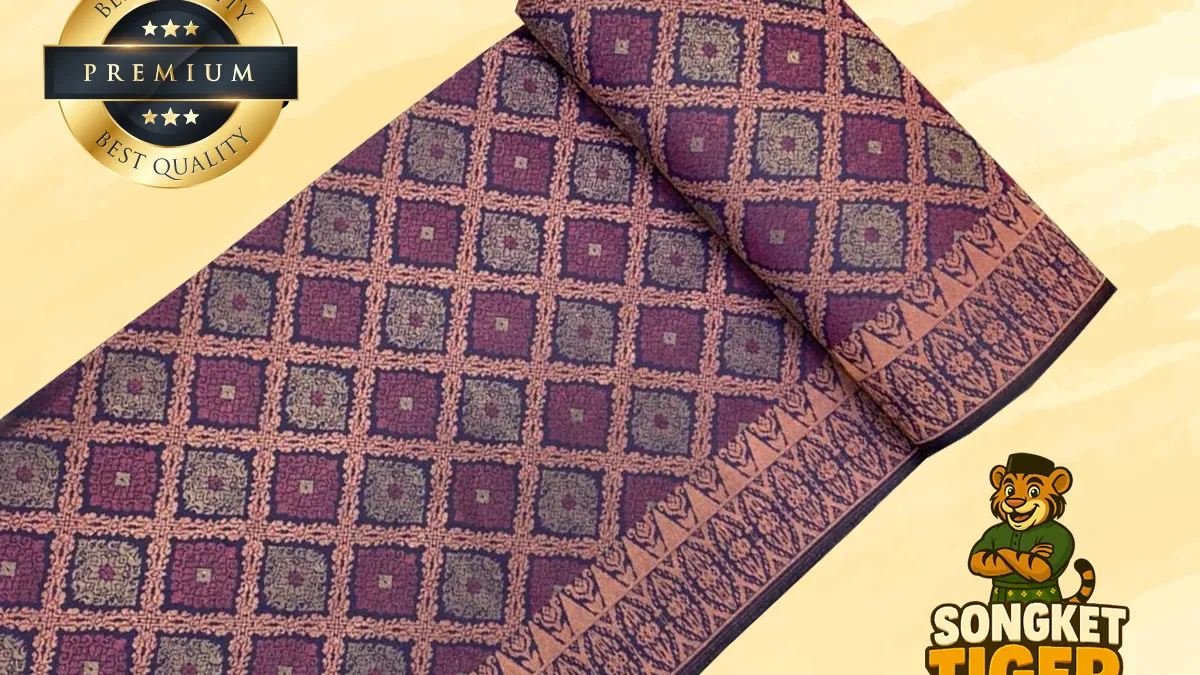 Songket fabric draped to show its full gold thread pattern and cultural detail