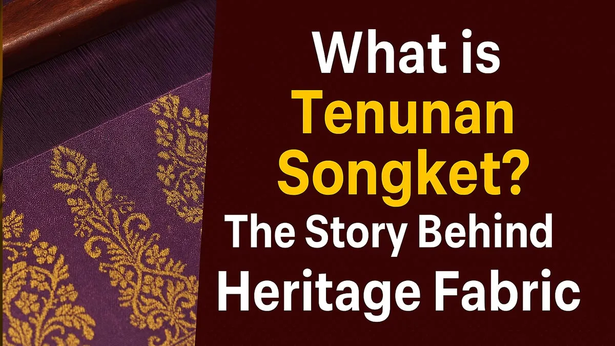 Close-up of handwoven Tenunan Songket fabric with gold thread motifs