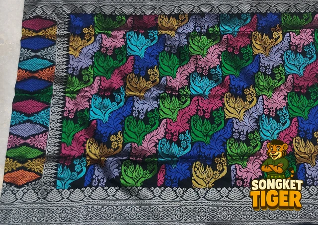 Handmade exclusive Sampin Songket design 1 by SongketTiger, richly woven with multicoloured floral and leaf motifs.