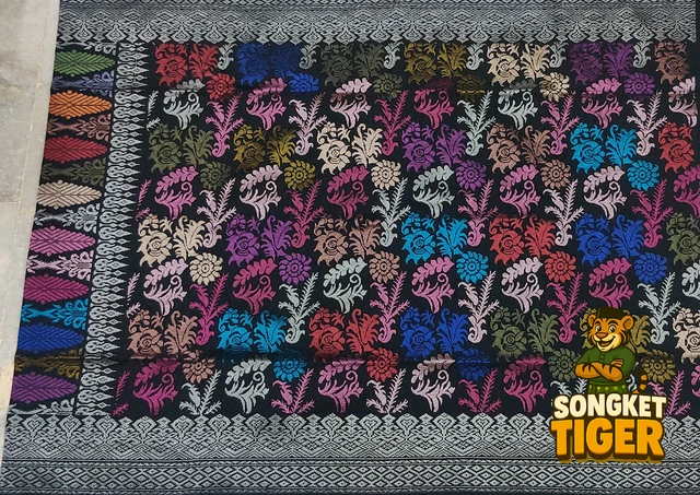Handmade exclusive Sampin Songket design 8 by SongketTiger, richly woven with multicoloured floral and leaf motifs.