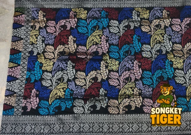 Handmade exclusive Sampin Songket design 12 by SongketTiger, richly woven with multicoloured floral and leaf motifs.