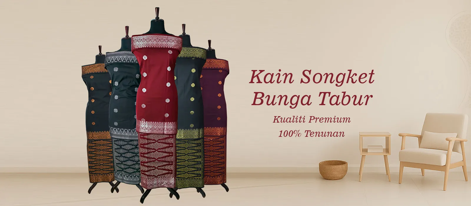 Premium Kain Songket Bunga Tabur fabrics displayed on mannequins in a styled room — 100% handwoven, premium quality.