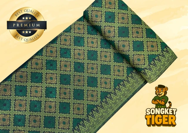 Songket Tenun Penuh premium fabric design 12 by SongketTiger, rolled to show its full diamond-motif weave.